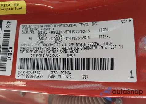 2016 Toyota Tundra Sr5 5.7L V8 z USA, uszkodzony, nr VIN 5TFDW5F19GX535603